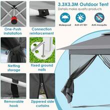 3.3x3.3 M Gazebo With 4 Mosquito Net Side Panels, One-Push Folding Gazebo, Waterproof And Stable, Double-Roof Party Tent With UV Protection 50+, Garden Gazebo With 4 Sandbags, For Patio/Market/Camping - C Gray - Xem 5