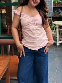 Women Y2k Fairy Grunge Shirts Puff Sleeve Button-Up Ruffle Hem Babydoll Tops Coquette Aesthetic Tee Shirt - Pink - View 3