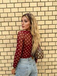 Women's Elegant Casual Fashionable Sexy Mesh Classic Polka Dot Cropped Top - Boat Neck, Front Ruching, Waist Ruching Details, Long Sheer Sleeves - Burgundy - View 5