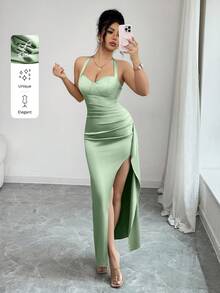 abyoxi Women's Pea Green Satin, Halter Neck Lace Up, Backless, High Split Slim Fit Long Dress, Elegant, Sexy Young Hot, Date, Formal Dinner Evening Gowns, Wedding, Birthday, Party, Bodycon Spring Summer Maxi Dresses - Pea Green - View 1