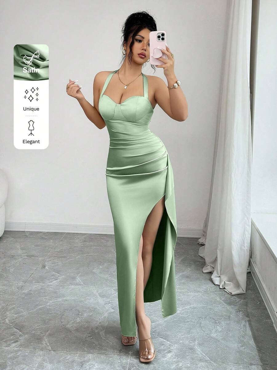 abyoxi Women's Pea Green Satin, Halter Neck Lace Up, Backless, High Split Slim Fit Long Dress, Elegant, Sexy Young Hot, Date, Formal Dinner Evening Gowns, Wedding, Birthday, Party, Bodycon Spring Summer Maxi Dresses - Pea Green - View 1