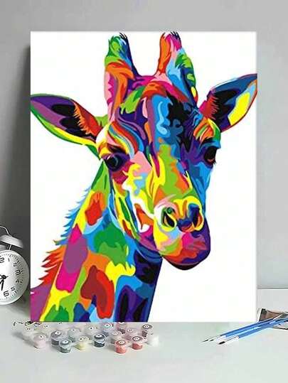 [2D Flat] 1pc Colorful Giraffe DIY Oil Painting By Numbers Canvas Painting DIY Crafts Adult Home Decoration Gifts 40x50cm/16x20inch,Abstract Animal Art,Modern Wall Decor,Creative Gift.