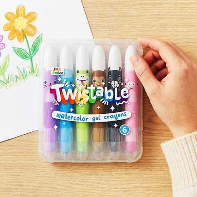 Wizbee Gel Crayons With Storage Case - Set Of 6 Watercolor Rainbow Crayons For Glass And Paper With Case, Twist-Up Gel Crayon Set