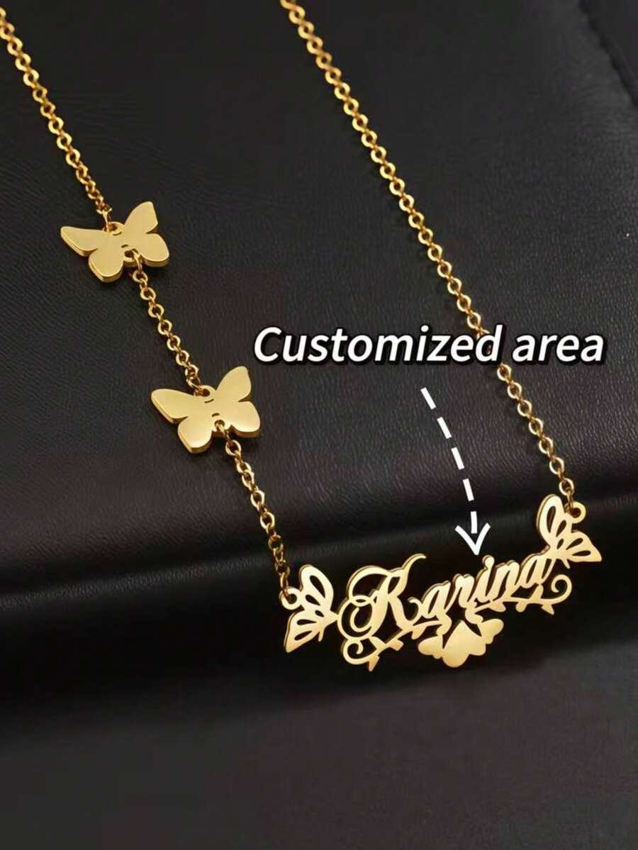Custom Left Sideways Butterfly Name Necklace Personalized Diamond Name Necklace Stainless Steel Fashion Nameplate Pendant Necklace Gift For Her Women's Jewelry - Multicolor - View 1