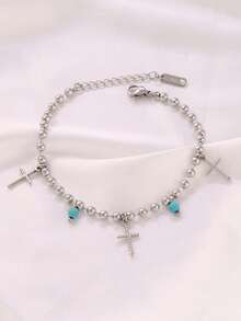 1pc Stainless Steel Cross Pendant Bracelet For Women Fashion Turquoise Charms Beads Chain Bracelets Waterproof Jewelry - Bracelet - View 5