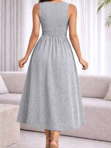 AME MODAS Elegant Sleeveless Midi Dress, A-Line Cut, For Women, In Knit Fabric, Round Neck, Casual Style, High Elasticity And Solid Color. - 淺灰色 - 查看 4
