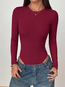 PRETTYGARDEN Women Spring Bodysuits For Long Sleeve Shirts Fitted Basic Ribbed Layering Bodys Tops Fall Fashion Winter Clothes Wine Red Vacation Rompers Outfits For Women - 酒紅色 - 查看 5