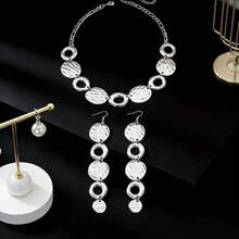 1件银色几何圆形合金Y形项链，时尚优雅奢华项链耳环套装 - 銀色 - 查看 2