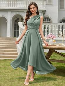 Volly Toych Vielseitiges A-Linien elegantes asymmetrisches V-Ausschnitt Midi Chiffon Brautjungfernkleid, Hochzeitsgast Kleid - Eukalyptus - Übersicht 7