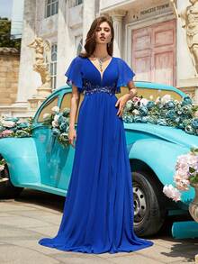 Gentle Style Treasure Blue Appliqued Ruffle Sleeve Slit Gown For Party - Royal Blue - View 3