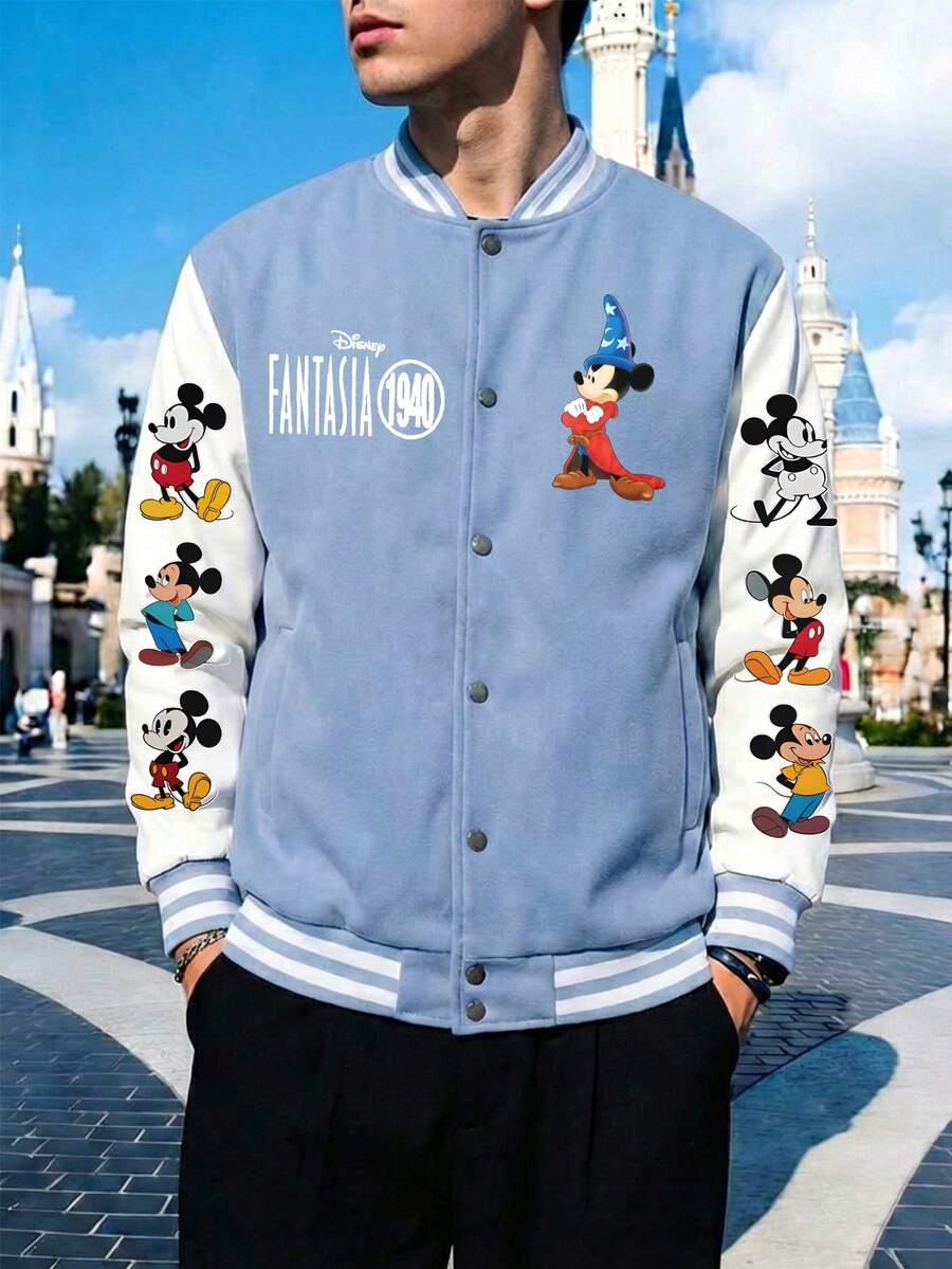 Men's White/Black Crew Neck Short-Sleeved T-Shirt Paired With Drawstring Shorts, Featuring Disney Mickey Mouse Lettering And Fantasia Mickey Mouse Print. This Breathable And Comfortable Summer Casual Set Makes A Great Gift For Men. - Xanh và trắng - Xem 1