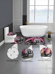 1 Piece/4 Piece Pink Winged Angel Waterproof Shower Curtain Set, Thick Polyester Waterproof Mildew-Resistant, Saying Goodbye To Bathroom Water Accumulation Troubles, Full Set Includes 12 Hooks, Anti-Slip Mat, U-Shaped Mat And Round Toilet Lid Cover - A - View 5