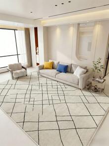 1pc Beige Area Rug, Hand-Painted Checkered Pattern, Soft & Comfortable Texture, Easy Maintenance, Non-Slip Backing, Suitable For Living Room, Bedroom, Kitchen, Dining Room, Office, Room Decor, And Doormat - White - View 1
