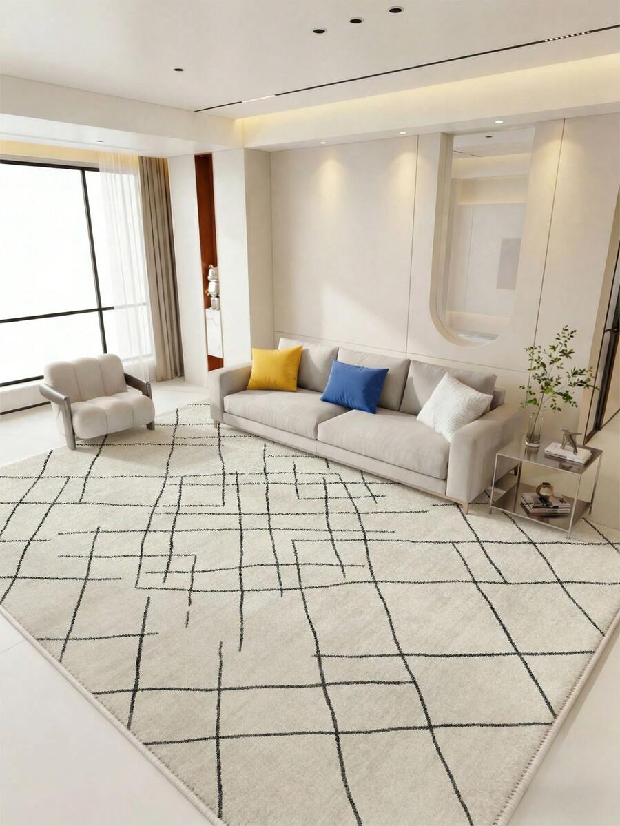 1pc Beige Area Rug, Hand-Painted Checkered Pattern, Soft & Comfortable Texture, Easy Maintenance, Non-Slip Backing, Suitable For Living Room, Bedroom, Kitchen, Dining Room, Office, Room Decor, And Doormat - White - View 1