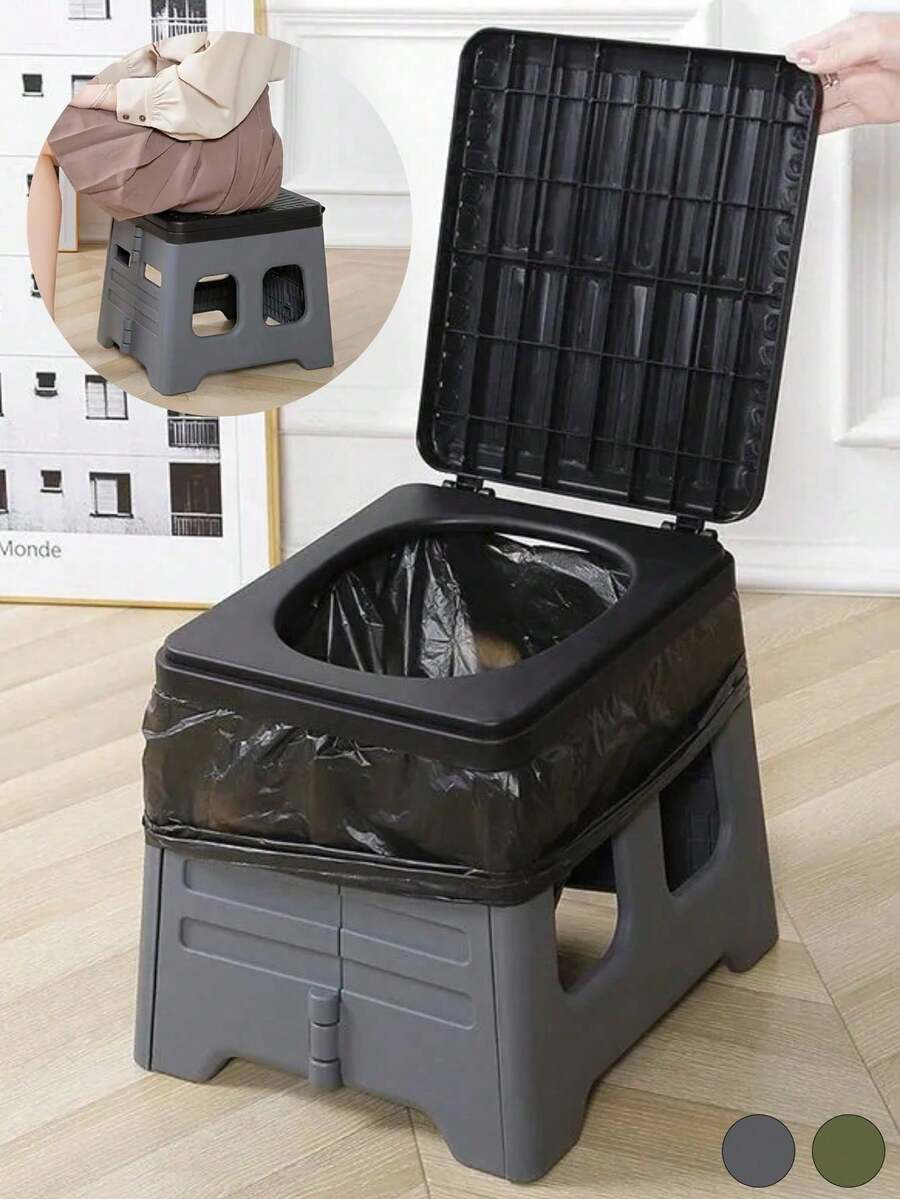 便携式折叠露营马桶 - 重型可折叠马桶，带盖和内置污物收集盒，采用防臭耐用的PP/ABS材料，可折叠便携设计，带提手；舒适的高座圈，易于清洁