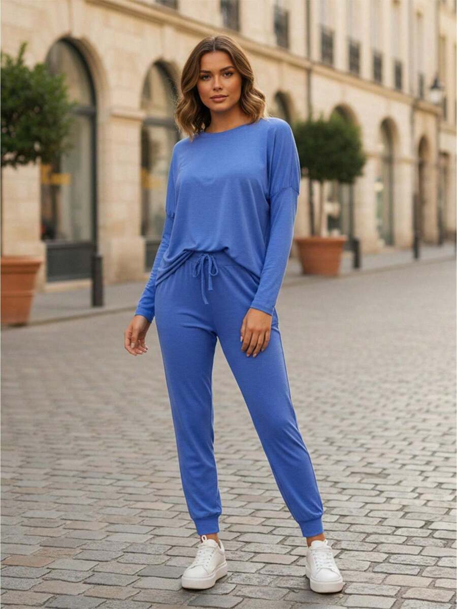 Women's Casual Two-Piece Tracksuit Long Sleeve Zip-Up Jacket With Wide Leg Pants Set For Daily, Lounge Streetwear - 藍色 - 查看 1
