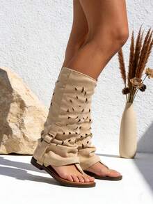 TULIPANO Women's Flat Open-Toe Sandals For Spring And Summer, New Design With Western Style. Women's Flat Open-Toe Sandals, Bohemian Style Summer Boots With A Perforated And Open Design For Comfortable And Elegant Holidays On Any Occasion. - Màu be - Xem 2