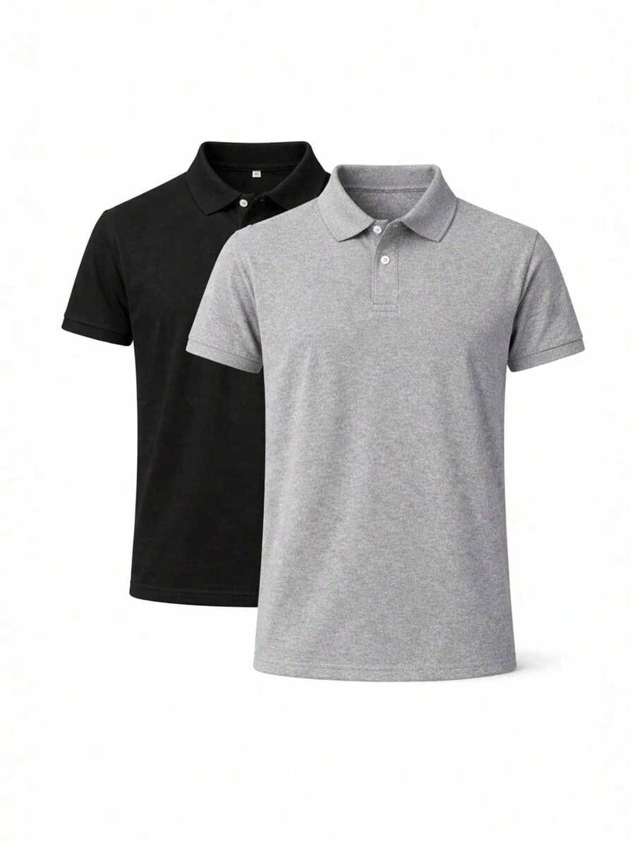 Kit Of 2 Men's Slim-Fit Polo Shirts, Comfortable, All Regular Fit, Double Button. - 黑灰 - 查看 1