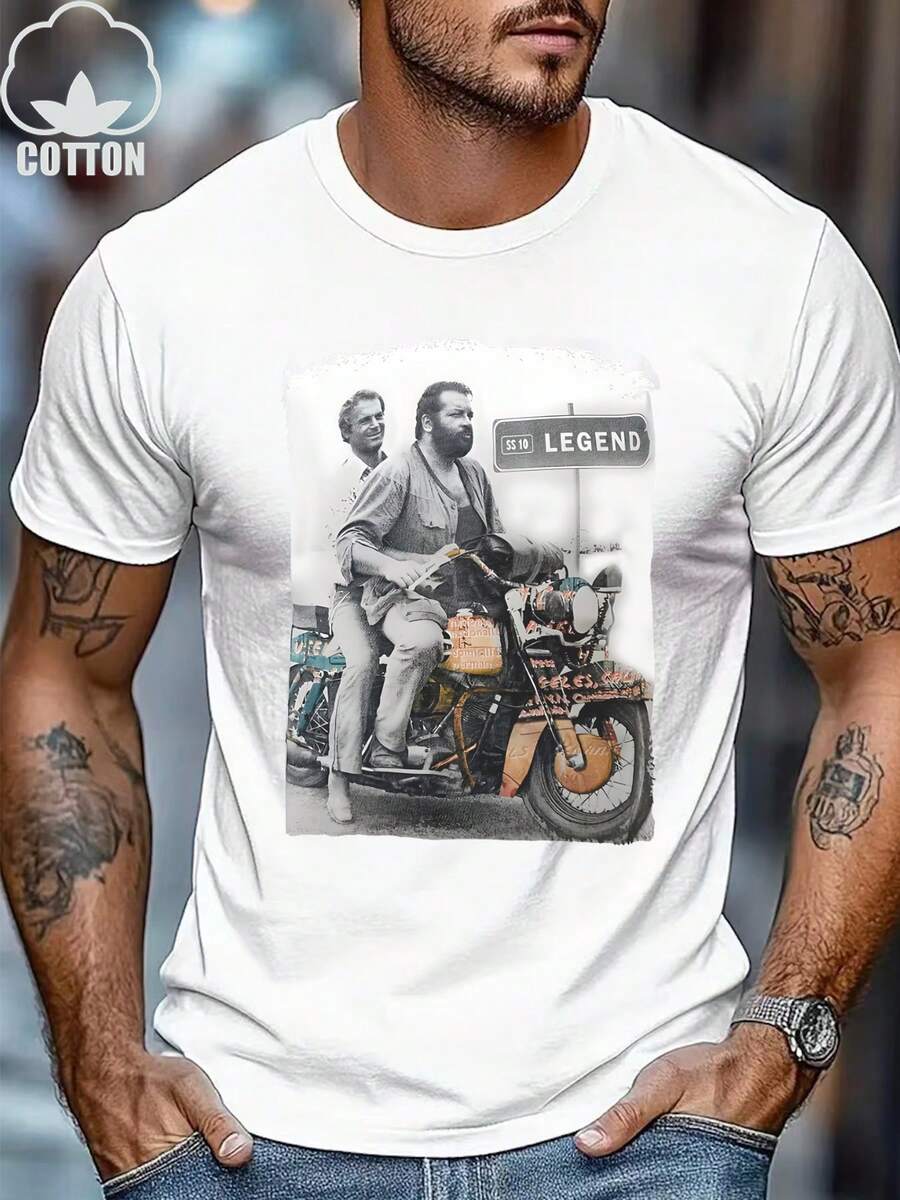 Men's Heavy-Weight 185 G/M² Cotton T-Shirt In Vintage Motorcycle Style – "Easy Rider" Movie Design With Iconic Biker Print, Soft, Breathable Crew Neck T-Shirt For Casual Wear And Motorcycle Enthusiasts, H-Size, Regular Fit (Hand Washable) – 60s/70s Retro. - 白色 - 查看 1