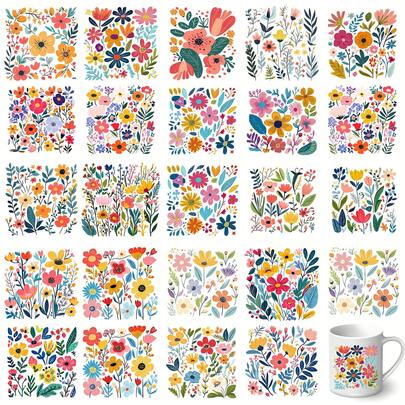 Set de 24 pegatinas de transferencia UV DTF con diseño de flores abstractas y coloridas - Resistentes al agua y a los arañazos para vasos y botellas de vidrio, envoltura de vinilo 3D transparente de cristal, 24cm X 19cm - Perfecto para manualidades y decoración DIY, ideal para artesanías y muebles, fácil de usar