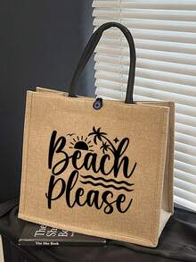 大容量手提袋，印有黑色“Beach Please”字样，便携大容量购物袋，多功能收纳袋，亚麻手柄手提袋，适合海滩旅行、度假、野餐、超市购物、日常携带，轻便夏季女士手提袋，情人节、生日、返校、海滩游玩、蜜月旅行、母亲节礼物 - 彩色 - 查看 8