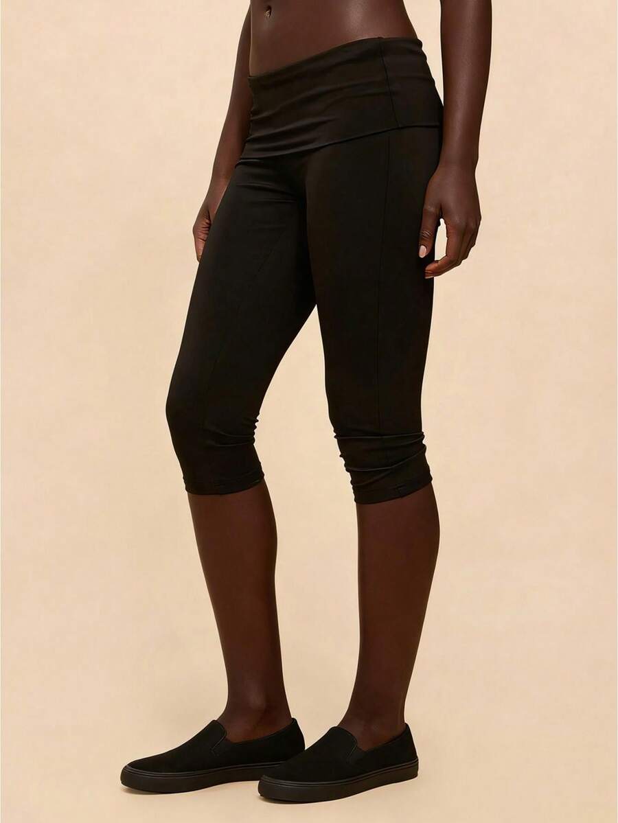 Pantalones capri de mujer de unicolor con cintura baja y pliegue, ajustados, acortados, para verano, yoga, ejercicio y fitness - Negro - Ver 1