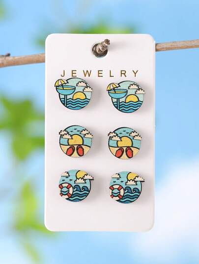 3对复古海滩波浪、棕榈树、日落、菠萝、西瓜、冰淇淋图案木质圆形耳钉套装，时尚波西米亚风耳环，女士日常配饰，礼物