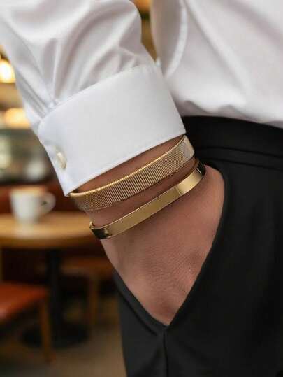 2pcs Vintage Fashionable Old Coin Style 18K Gold Stainless Steel Bracelet, Striped Texture Smooth Design For Men, Daily Wear Business Gift Surprise