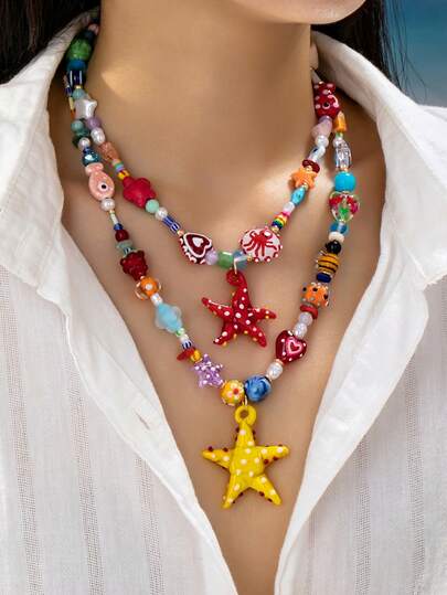 1 pieza Colgante de estrella de mar de vidrio hecho a mano de estilo colorido Y2K, collar de cuentas mixtas de estilo bohemio y boho chic para mujeres para vacaciones y uso diario (ligeras variaciones de color y forma debido al vidrio hecho a mano)