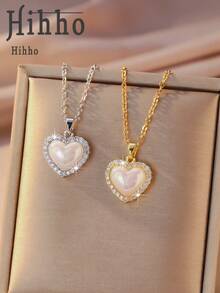 1件装珠光心形珍珠母贝吊坠项链，带镶边，珠光珍珠母贝搭配精致镶边，浪漫点缀新年约会，独特温柔甜美少女项链 - 心 - 查看 2