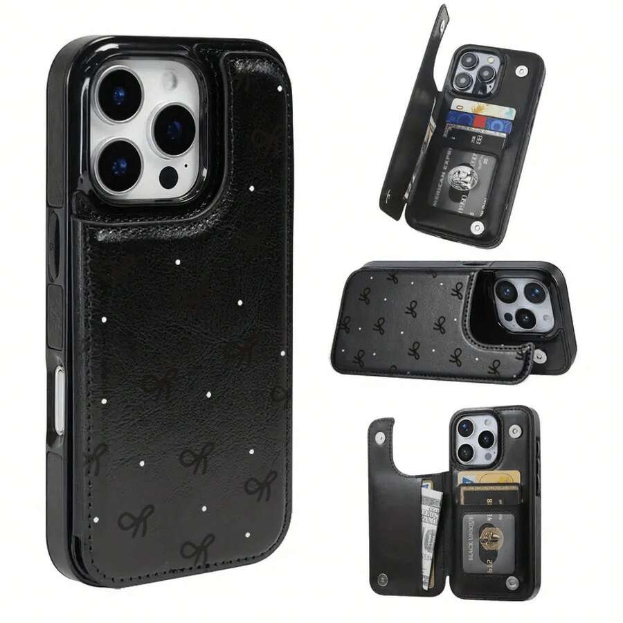 Funda de lazo negro con solapa negra y rosa, para iPhone 12, 13, 14, 15, 16, PRO, PROMAX, MINI, PLUS.Incluye ranuras para tarjetas de crédito y llaves, funda para teléfono móvil con billetera. - Rosa - Ver 1
