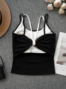 性感露背吊带背心，带胸垫，无袖修身休闲款 - 黑色 - 查看 6