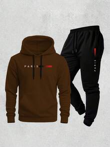 New Paris Print Warm Sweatshirt And Pants Set, Comfortable Autumn/Winter Loose Fit, Drawstring, Pockets, And Hood. - Rust Brown - View 1