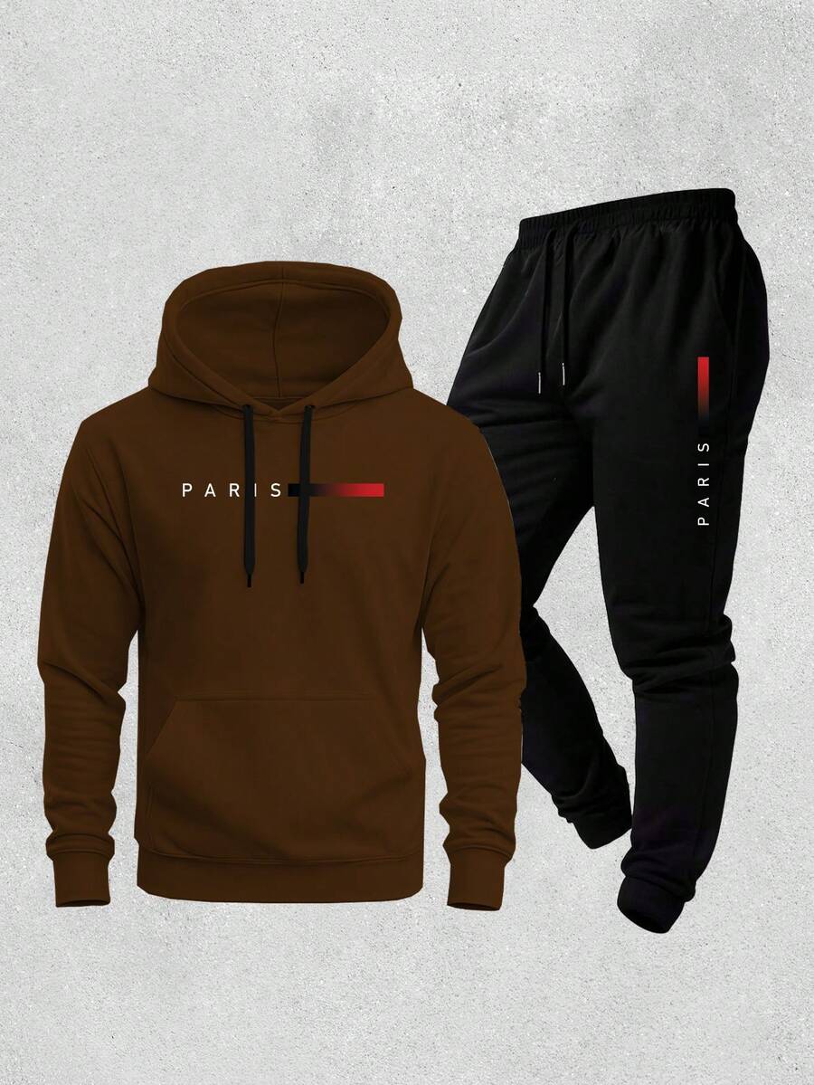 New Paris Print Warm Sweatshirt And Pants Set, Comfortable Autumn/Winter Loose Fit, Drawstring, Pockets, And Hood. - Rust Brown - View 1