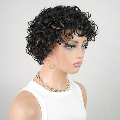 Short Pixie Wigs Short Brown Black Curly Pixie Wigs Human Hair Wigs Natural Wavy Brown Black Pixie Cut Wig Short Curly Layered Pixie Wig