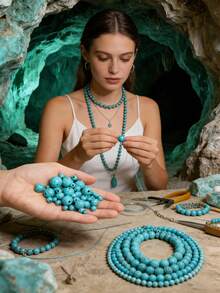 30/1000颗天然石珠，4-10毫米圆形绿松石宝石，散珠配弹力绳，可用于DIY手链和项链。 - 藍色 - 查看 2