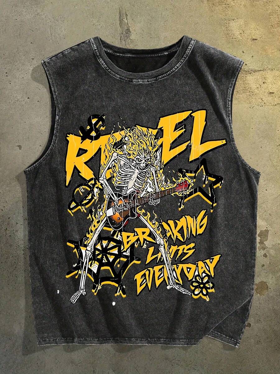 Guitar Singer Print New Men's Premium Printed 230G Heavy Pure Cotton Washed And Aged Waistcoat Sleeveless Vest Men's T-Shirt, Summer Casual T-Shirt Casual T-Shirt - màu đen - Xem 1