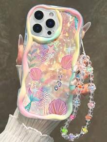 贝壳和海星印花奶油色波浪边手链式手机壳，防震加厚，兼容 17/17 Pro/17 Pro Max、16 XR/7/8、15 Pro Max、13/14 Pro Max、13/14/11/12 Pro Max、14，以及安卓手机，例如Galaxy A13 4G、A22、A21S、A51 4G、A52、S22 Ultra、A33 5G、A34、A35、10、Note 11 4G、11 Lite、A53、A14、A23、S23 Ultra、S24、A14、A15、S23、A73、A55、A54。 - 彩色 - 查看 3