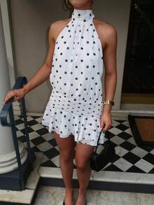 Đầm dự tiệc chấm bi dễ thương, thanh lịch, có bèo nhún và nơ, màu trắng dành cho nữ, thích hợp cho kỳ nghỉ hè. - trắng - Xem 6