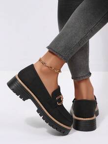 Giày lười nữ đế dày, mũi tròn, màu đen bóng, trang trí họa tiết, thích hợp đi làm hàng ngày, đi học, phù hợp cho mọi mùa. - màu đen - Xem 6