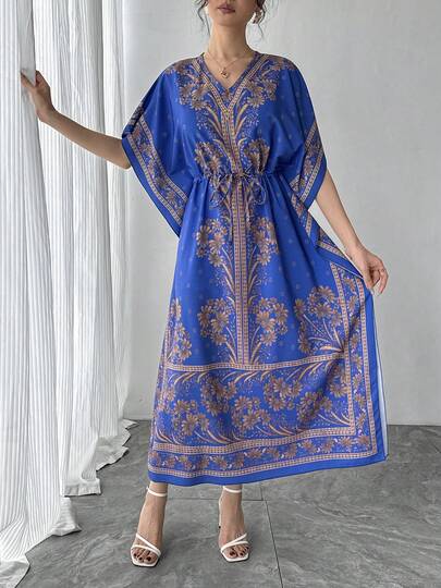 1pc Women's Middle Eastern Arabic Style Maxi Dress, Blue Placement Print Craftsmanship, Loose V-Neck, Breathable High-End Quality Casual Reversible Tie-Waist Slimming Holiday Dress, Plus Size, Traditional Arabic Attire, Perfect Festival/Holiday/Party Gift, Suitable For Ramadan, Eid, New Year Spring