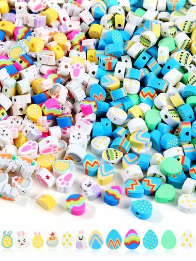 50/100pcs Easter Rabbit Egg Pattern Polymer Clay Beads, Colorful Cartoon Rabbit Egg Pattern Polymer Clay Spacer Beads For Jewelry Making, DIY Bracelet Handmade Necklace Accessories