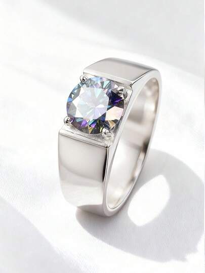 1pc S925 Silver Moissanite Ring, Minimalist Smooth Four-Claw Setting, Unisex Suitable For Business And Daily Wear