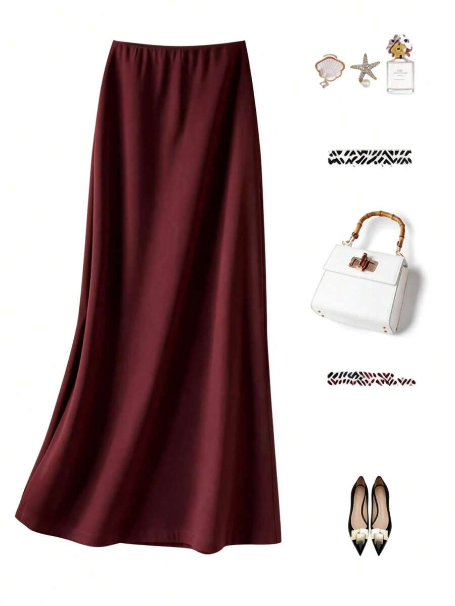 Elegant Red Woven Maxi Fishtail Skirt, Satin Mid-Length Dress, Suitable For Party, Daily Wear, Spring/Summer - Burgundy - View 1