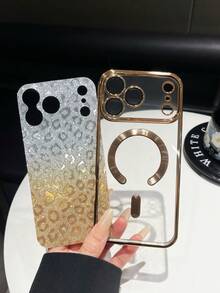 1pc Ombre Leopard Glitter Magnetic Adsorption Electroplated Lens Protective TPU Phone Case Compatible With IPhone 17 - Gold - View 7