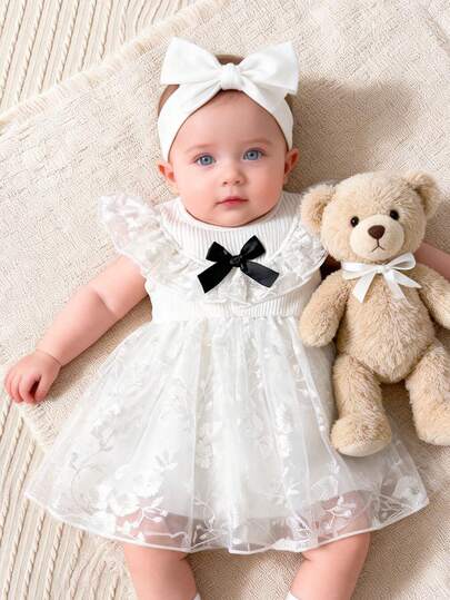 Sweet White Ribbed Lace Collar Mesh Bowknot Decor Dress