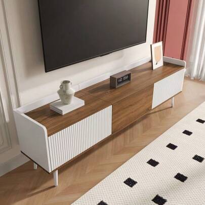 TV Cabinet, TV Table, TV Stand, Three-Door Base Unit. Compact Design. White And Natural Wood Finish. Height 49.5 Cm / Length 160 Cm / Width 39 Cm