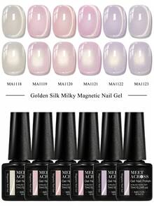 MEET ACROSS 6pcs Golden Silk Milky Cat Eye Gel Nail Polish Set, 7ml Nude Pink Gold Light Jelly Glass Beads Effect Cat Magnetic Gel Polish , Semi Permanent Soak Off UV Gel Varnish For Summer Nails, Manicure Nail Art DIY For Home And Salon Nail Supplies - 彩色 - 查看 4