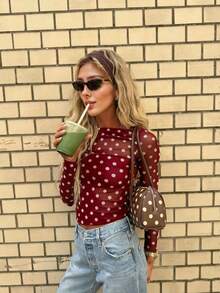 Women's Elegant Casual Fashionable Sexy Mesh Classic Polka Dot Cropped Top - Boat Neck, Front Ruching, Waist Ruching Details, Long Sheer Sleeves - Burgundy - View 3