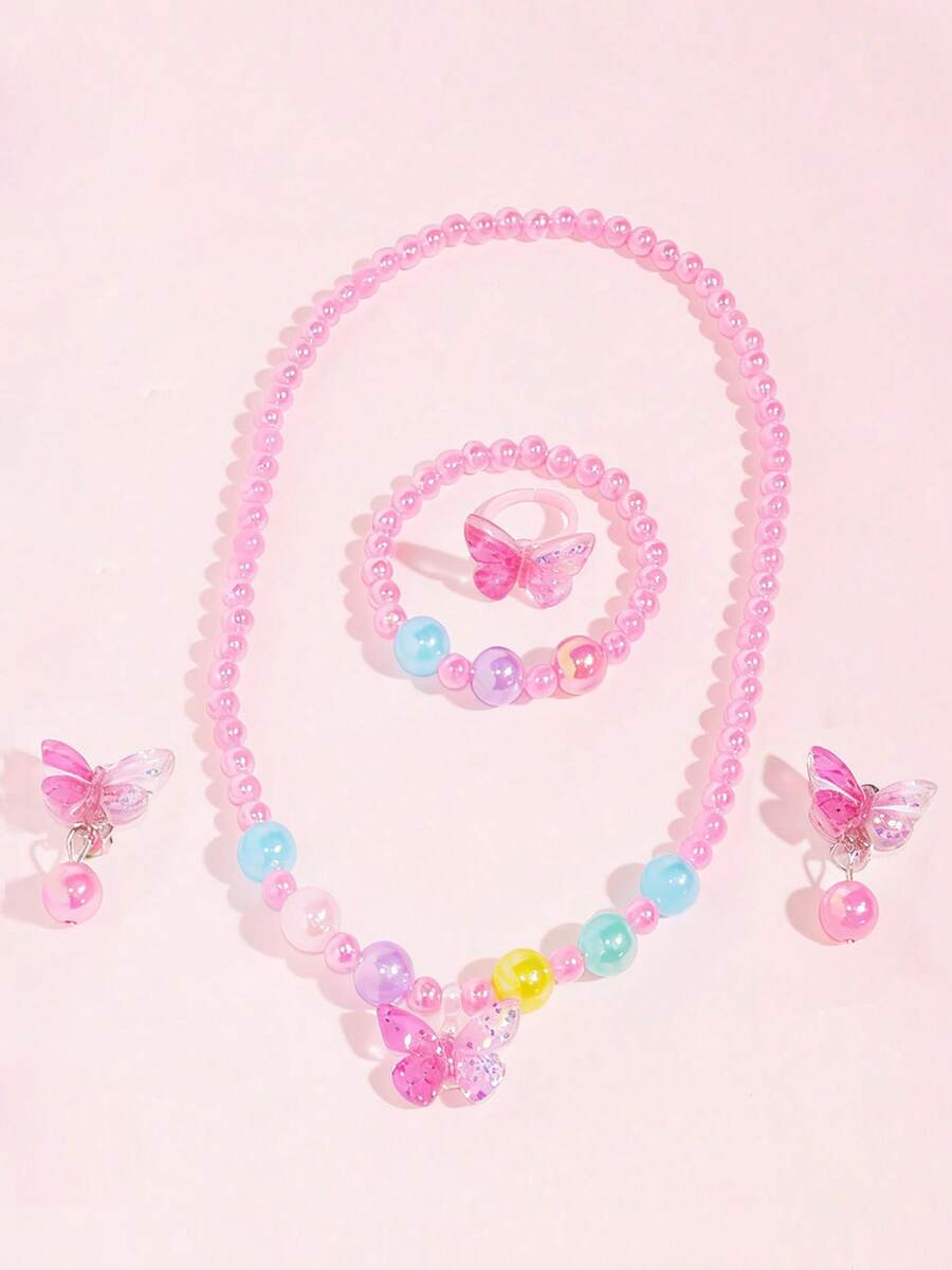 5pcs/Set Children's Butterfly Beaded Jewelry Set Necklace Bracelet Ring Ear Clips Little Girl Princess Costume Accessories - one-size - View 1